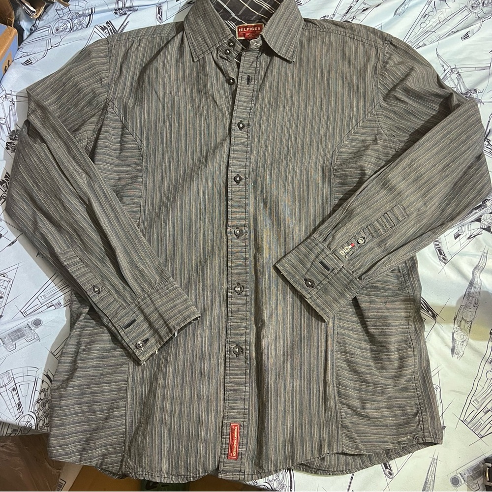 Vintage Tommy Hilfiger Gray Striped Casual Shirt